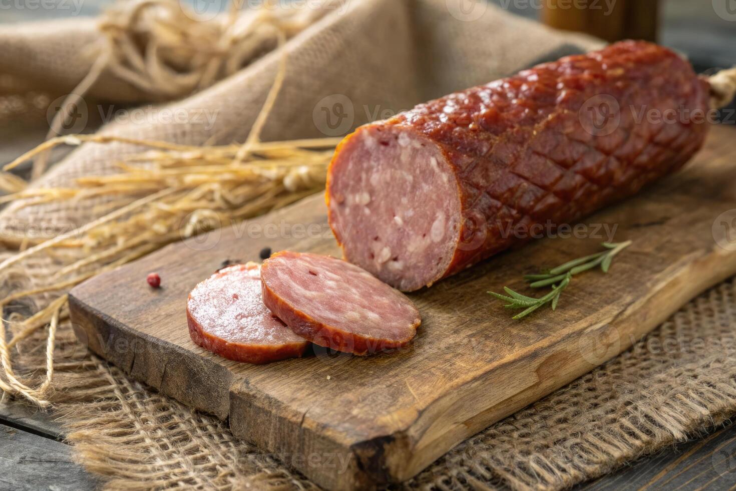 Sliced sausage on wooden board photo