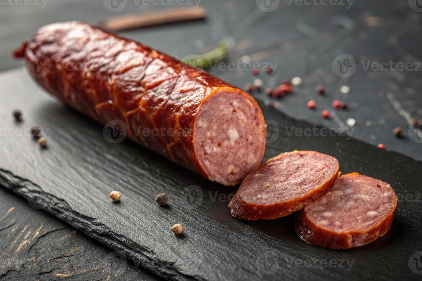 Sliced sausage on slate board photo