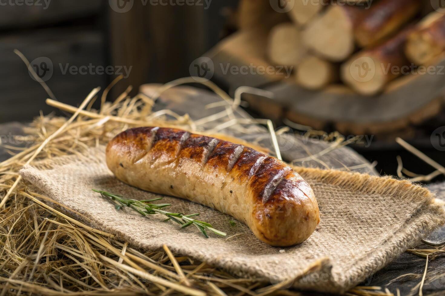Grilled sausage on burlap cloth photo