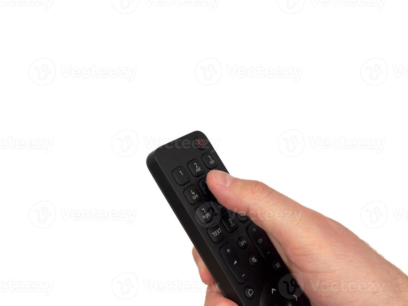 male hand on white background presses buttons on TV remote control, man switches TV channels with remote control, for banners, for TV advertising. Copy space, flay lay, top view. photo