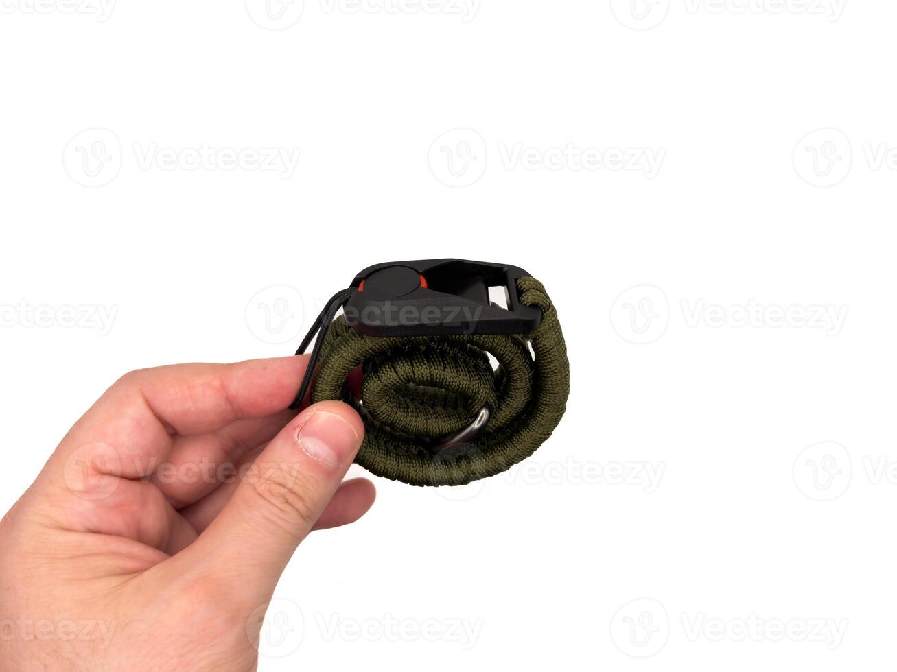 Green camera strap in the form of a rope on a white background. copy space, top photo
