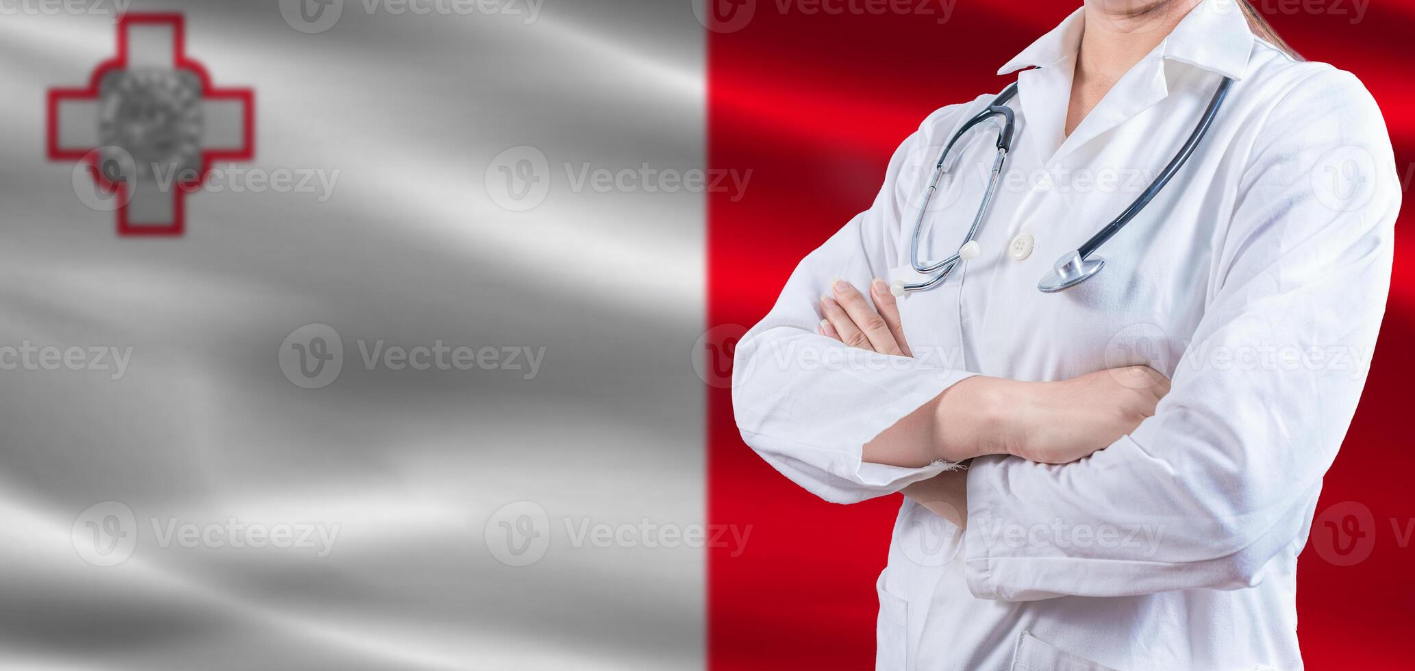 Doctor with crossed arms on Malta flag. Malta health and care concept. Female doctor on Malta flag photo