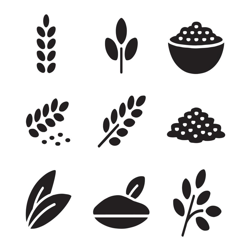 Solid Black Glyph Icons of Harvested Rice and Wheat Elements vector