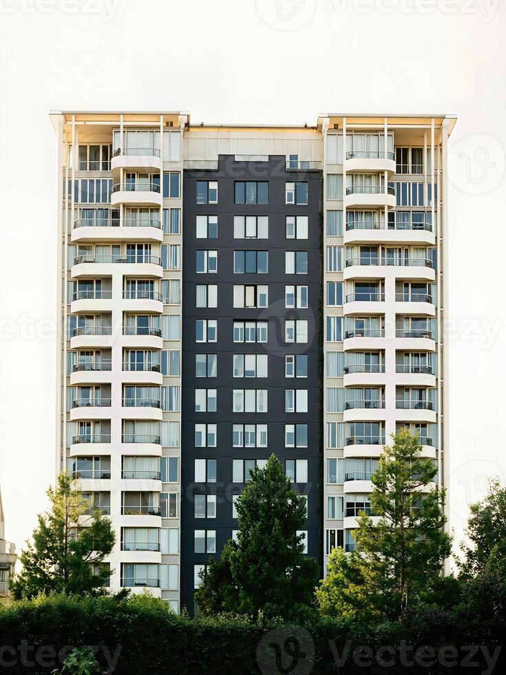 tall dark apartment building stands prominently against a bright sky. photo
