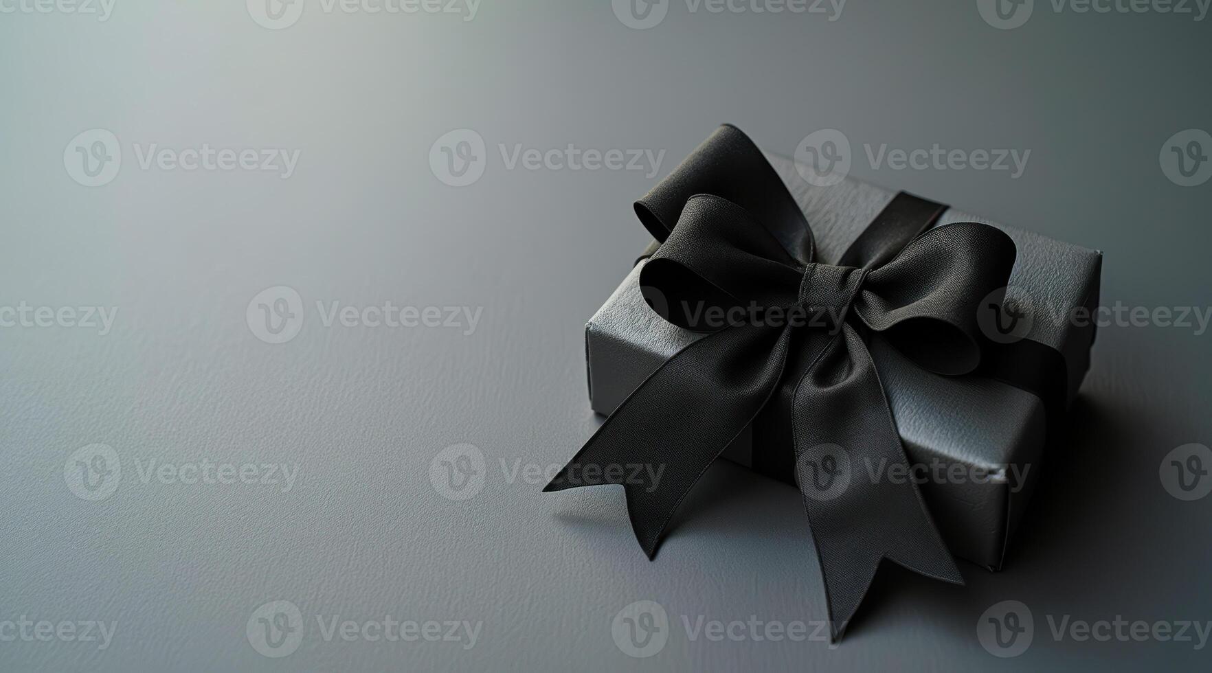 simple black gift box with a satin ribbon bow rests on a smooth gray surface. photo