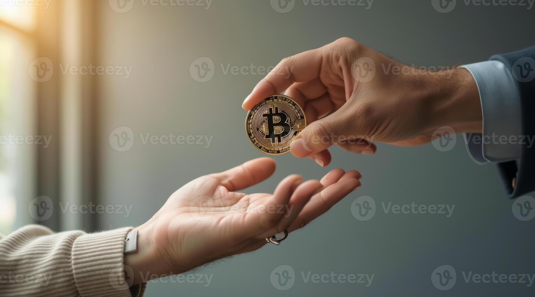 businessman hands a cryptocurrency coin to a woman. photo