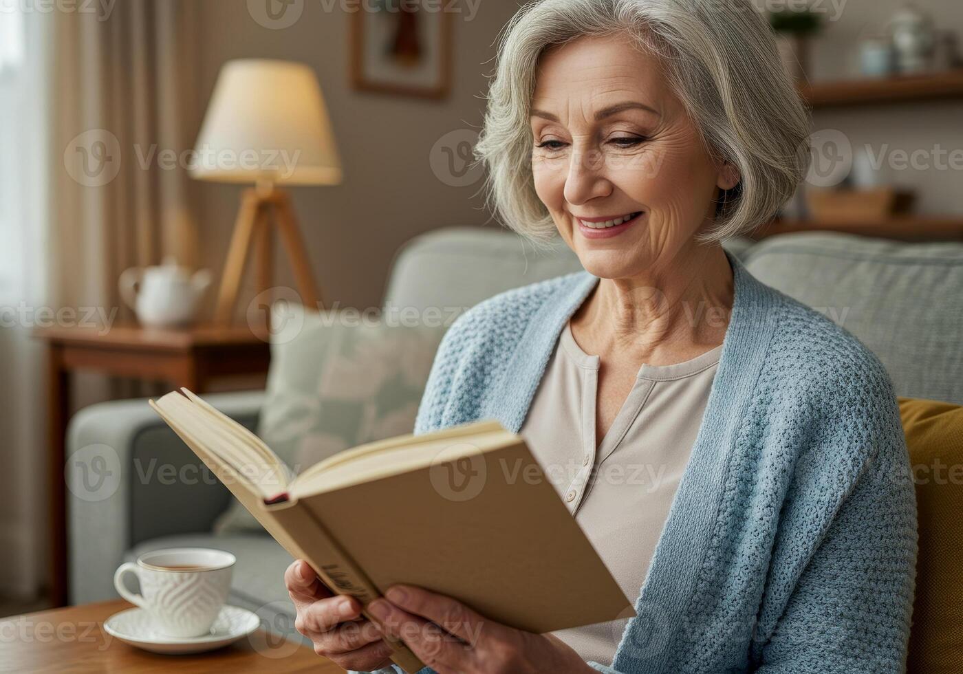 smiling elderly woman reads a book in a cozy living room. photo