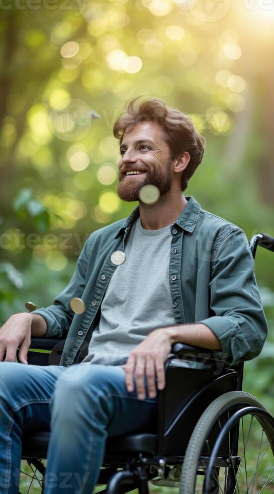 smiling man with a beard sits in a wheelchair outdoors enjoying the sunlight. photo