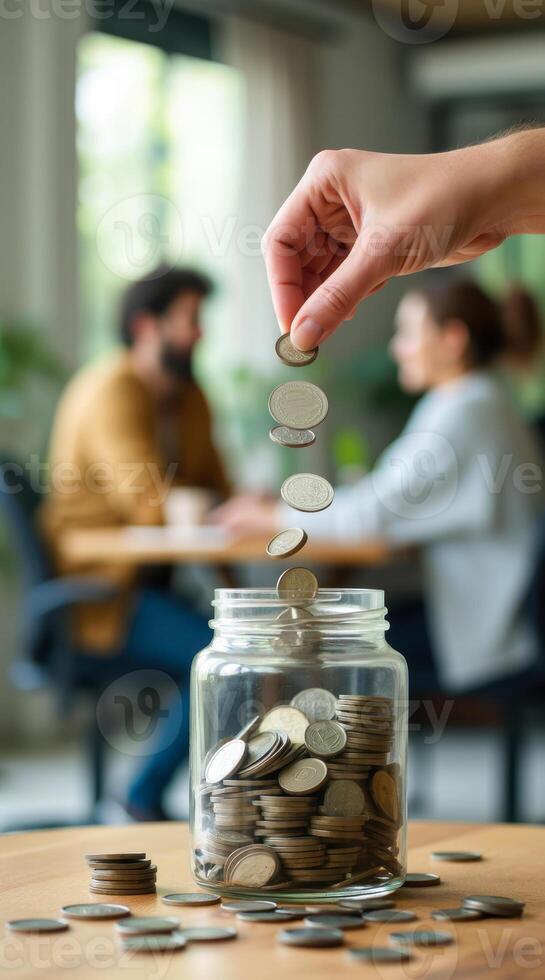 hand drops coins into a glass jar filled with currency. photo