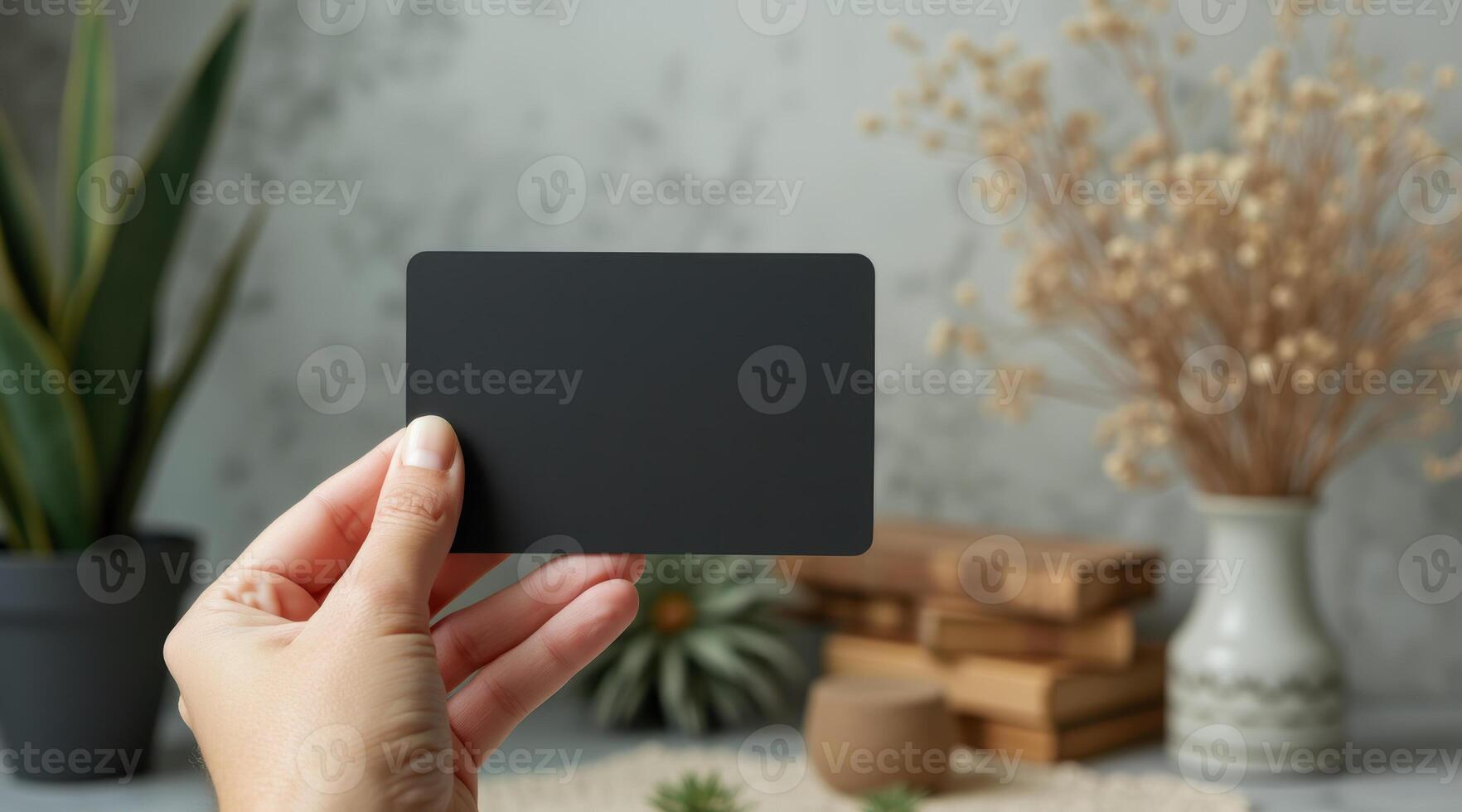 hand holds a black card against a textured gray background. photo
