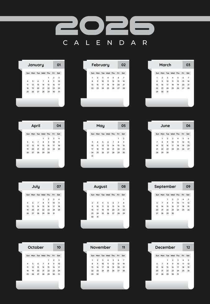 Annual English 2026 Wall Calendar Printable Template vector
