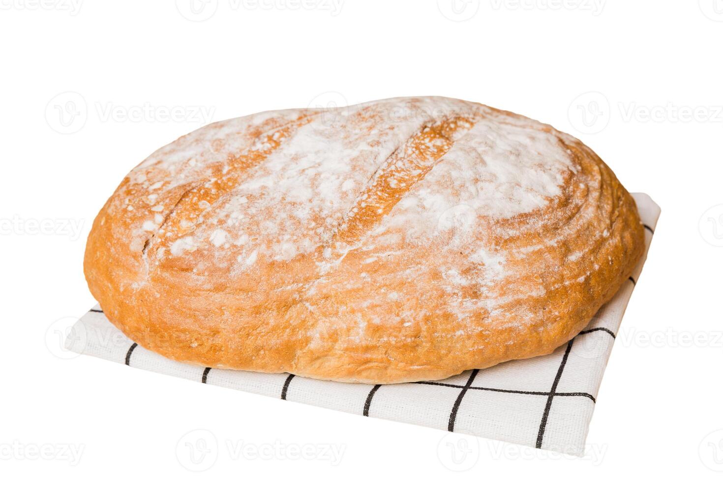 Freshly baked delicious french bread with napkin isolated on white background. photo