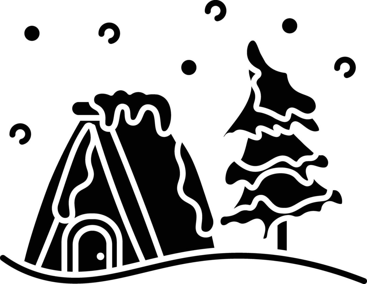 Snowy Winter Cabin Scene. A Cozy A-Frame House and a Snow-Covered Pine Tree in a Winter Wonderland icon glyph style vector