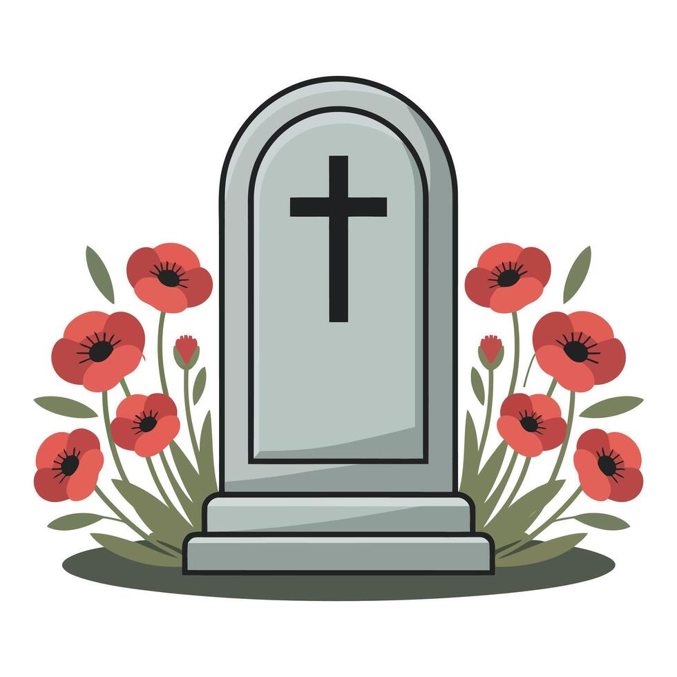 A grave with a cross and red poppies vector