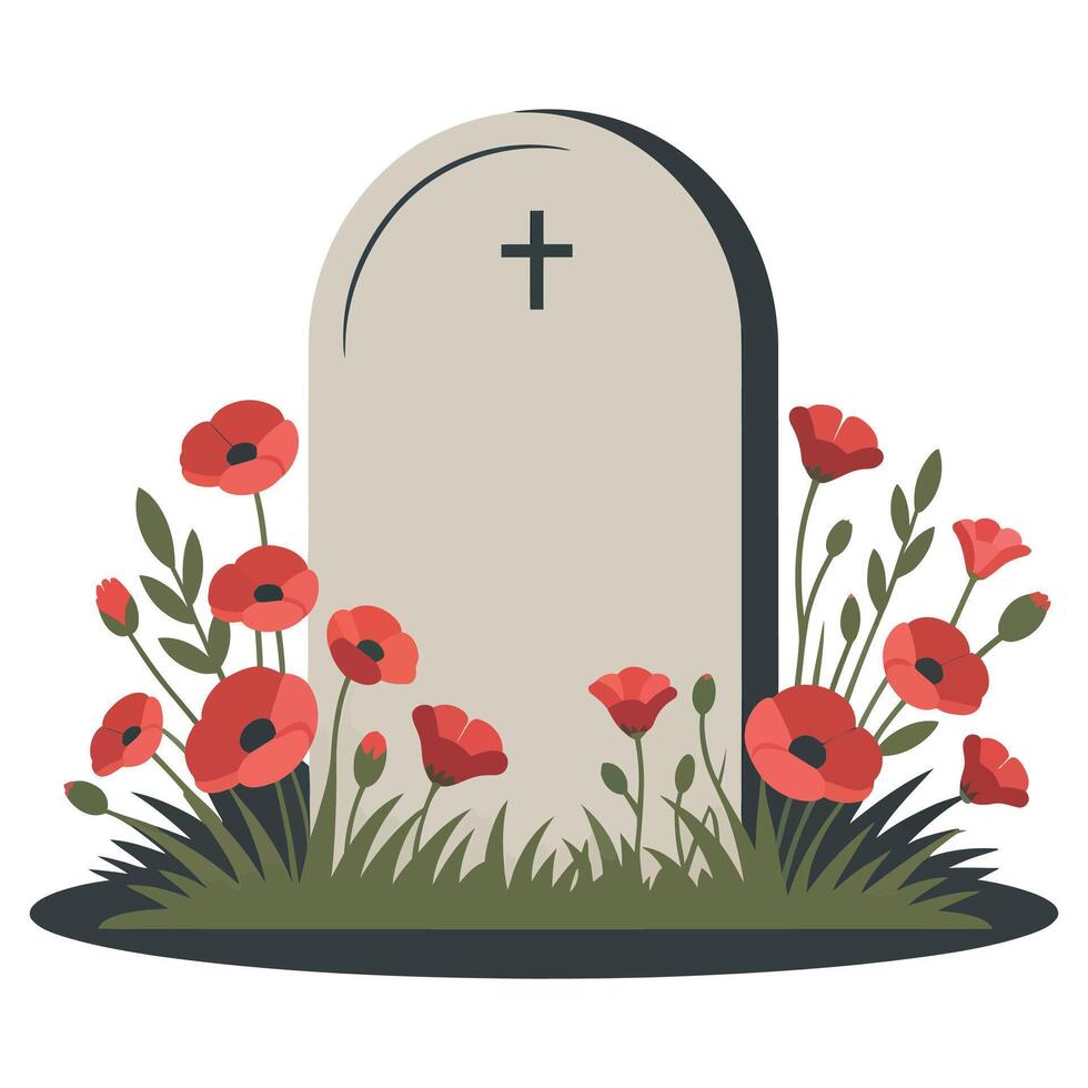 A grave with poppies and a cross on it vector