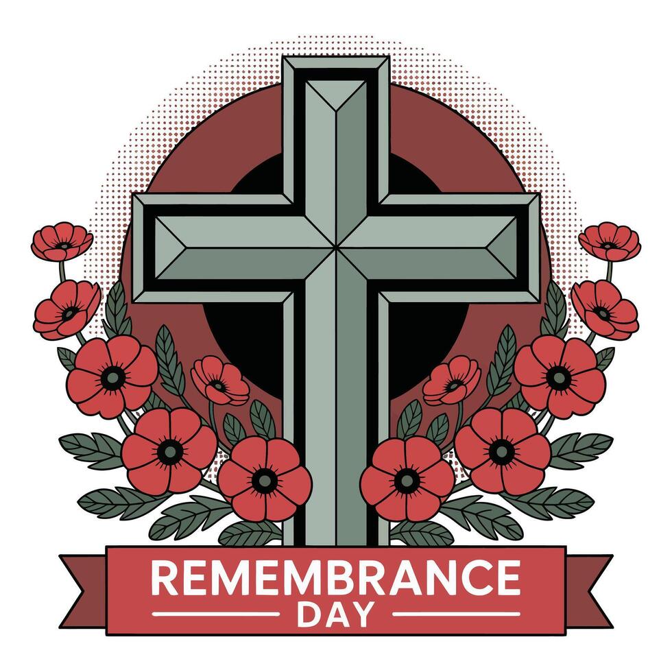 Flat Remembrance Day Cross and Poppy Design. vector