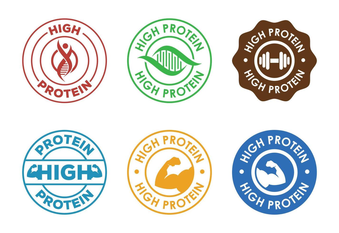 Assorted High Protein Label Designs with DNA, Dumbbell, and Arm Graphics vector