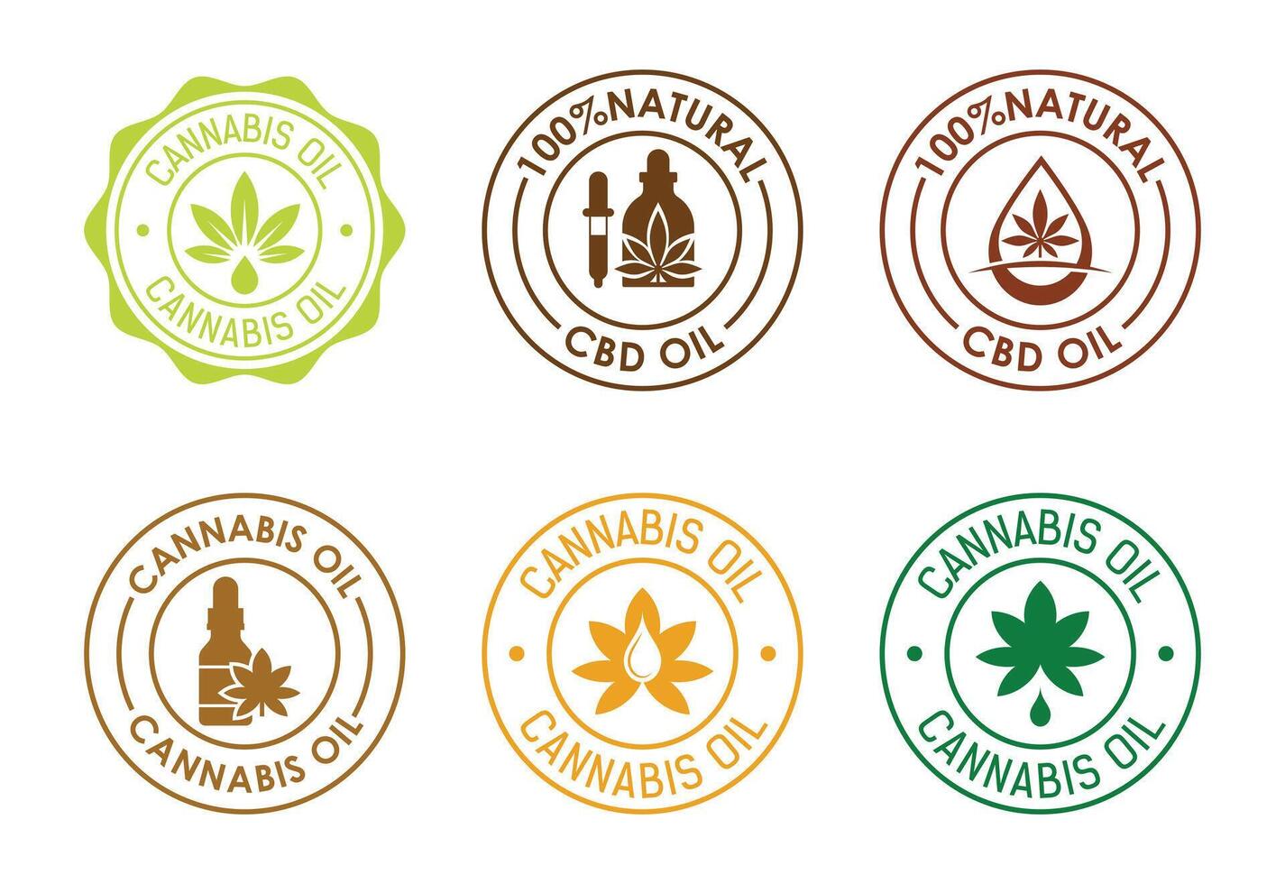 Collection of Cannabis Oil and CBD Oil Labels Representing Natural Products and Plant Based Wellness Solutions in Circular Designs vector