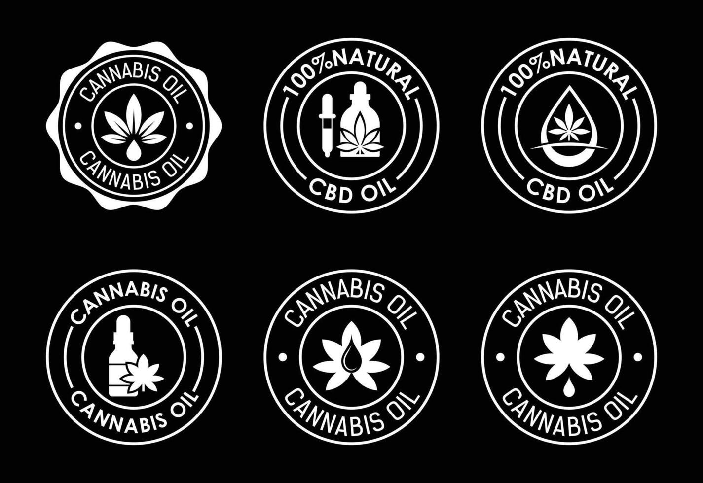 Assorted Cannabis and CBD Oil Logos in White on Black Background Elegant and Minimalist Designs for Natural Products vector