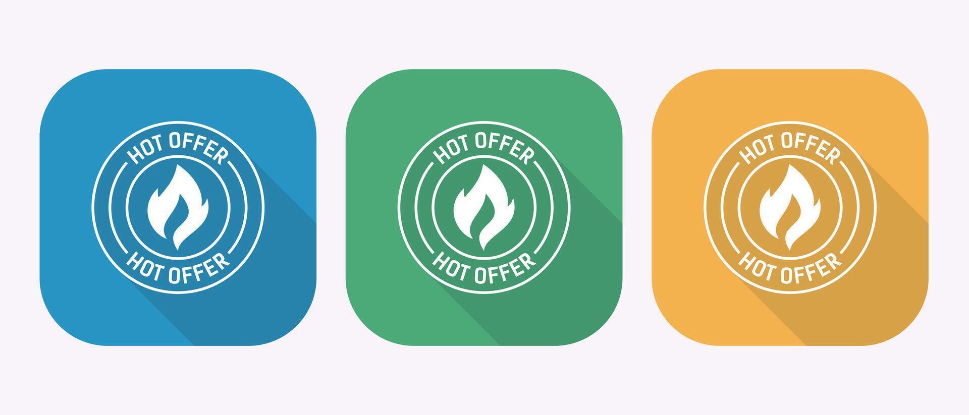Hot Offer Icons Set with Flame Symbol on Colorful Square Backgrounds vector