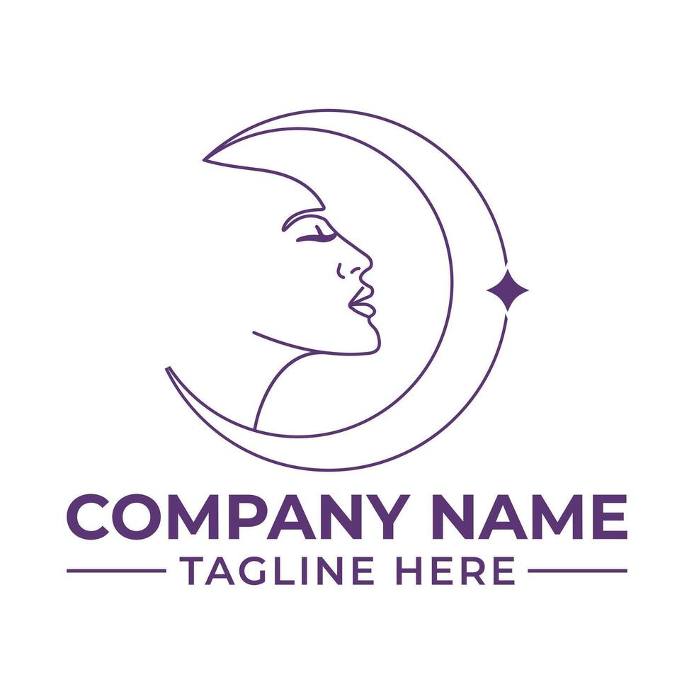 Elegant Logo Depicting Feminine Mystique A Minimalist Line Art Design Featuring a Woman's Profile and a Crescent Moon vector