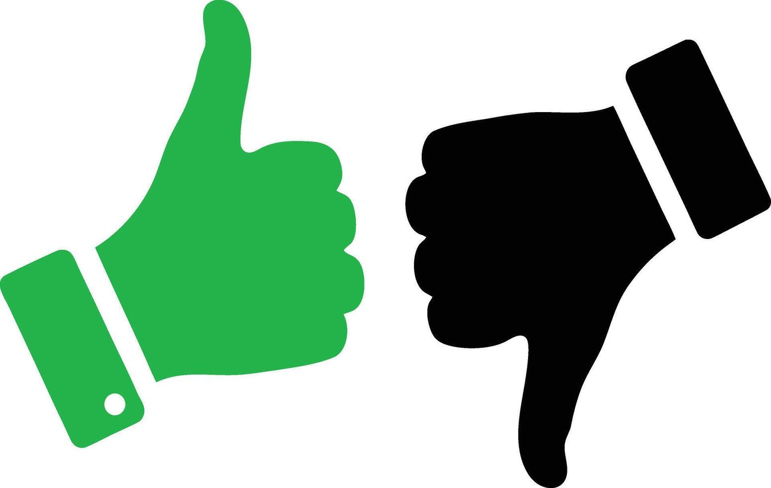 Green thumbs up and black thumbs down icons showing approval and disapproval. vector