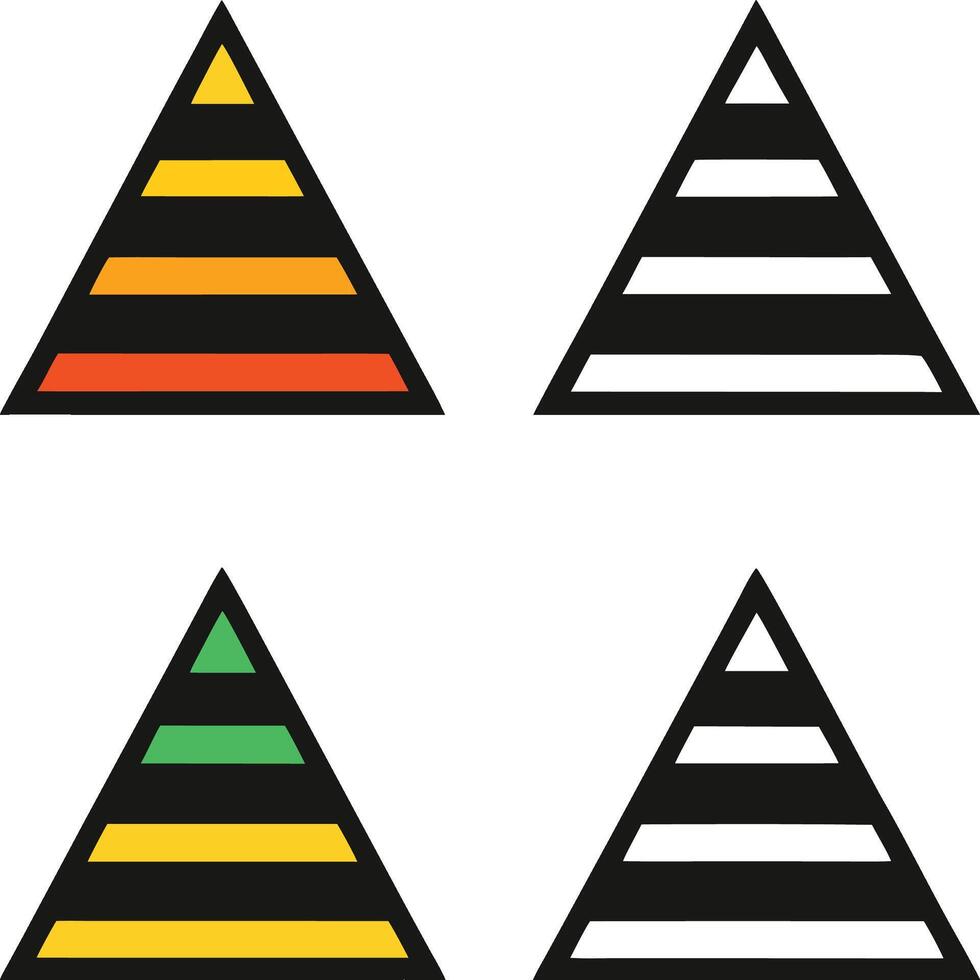Four geometric pyramids with horizontal stripes in different colors. vector