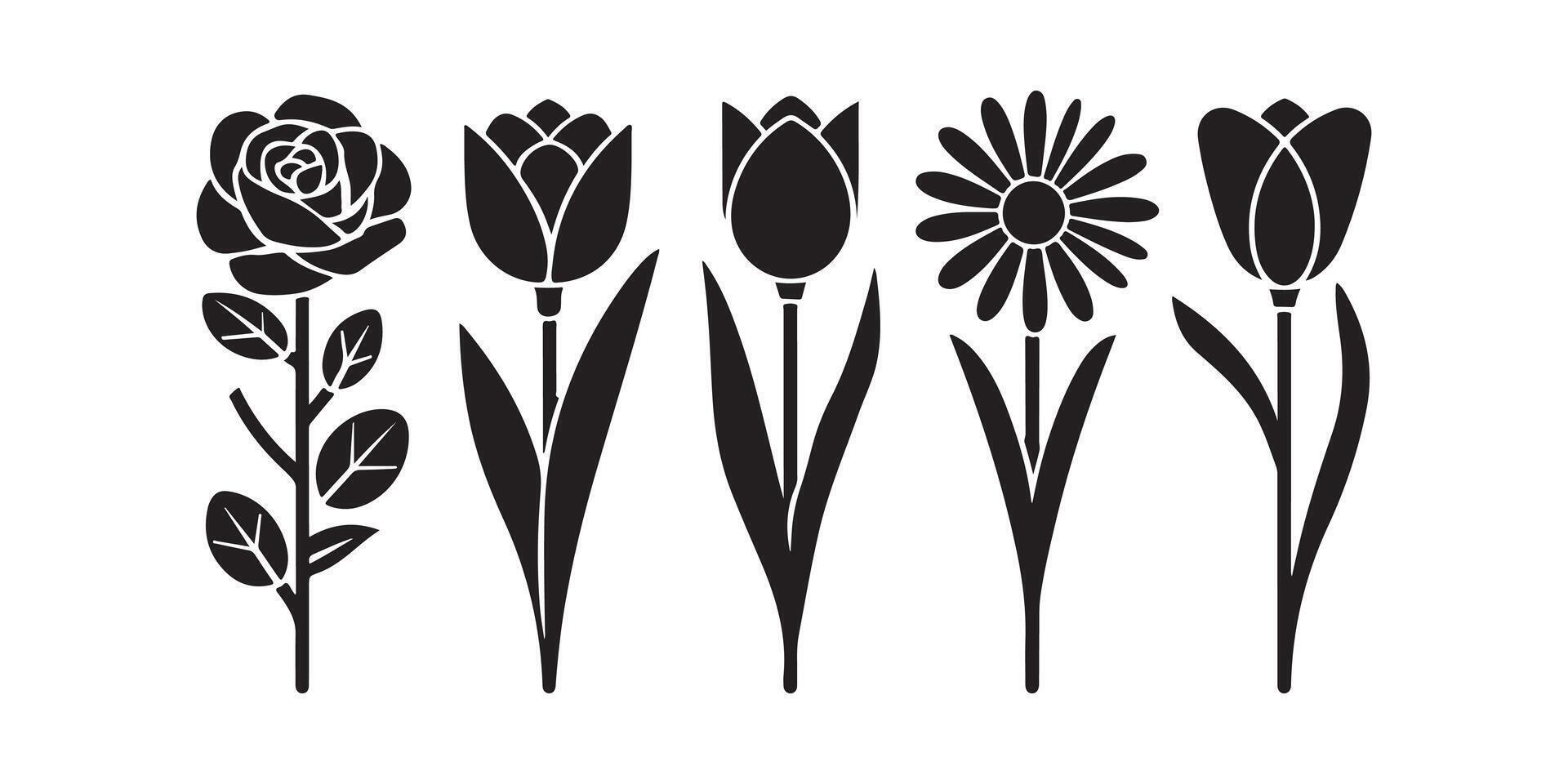 Single Flower Set Black Botanical Silhouettes vector