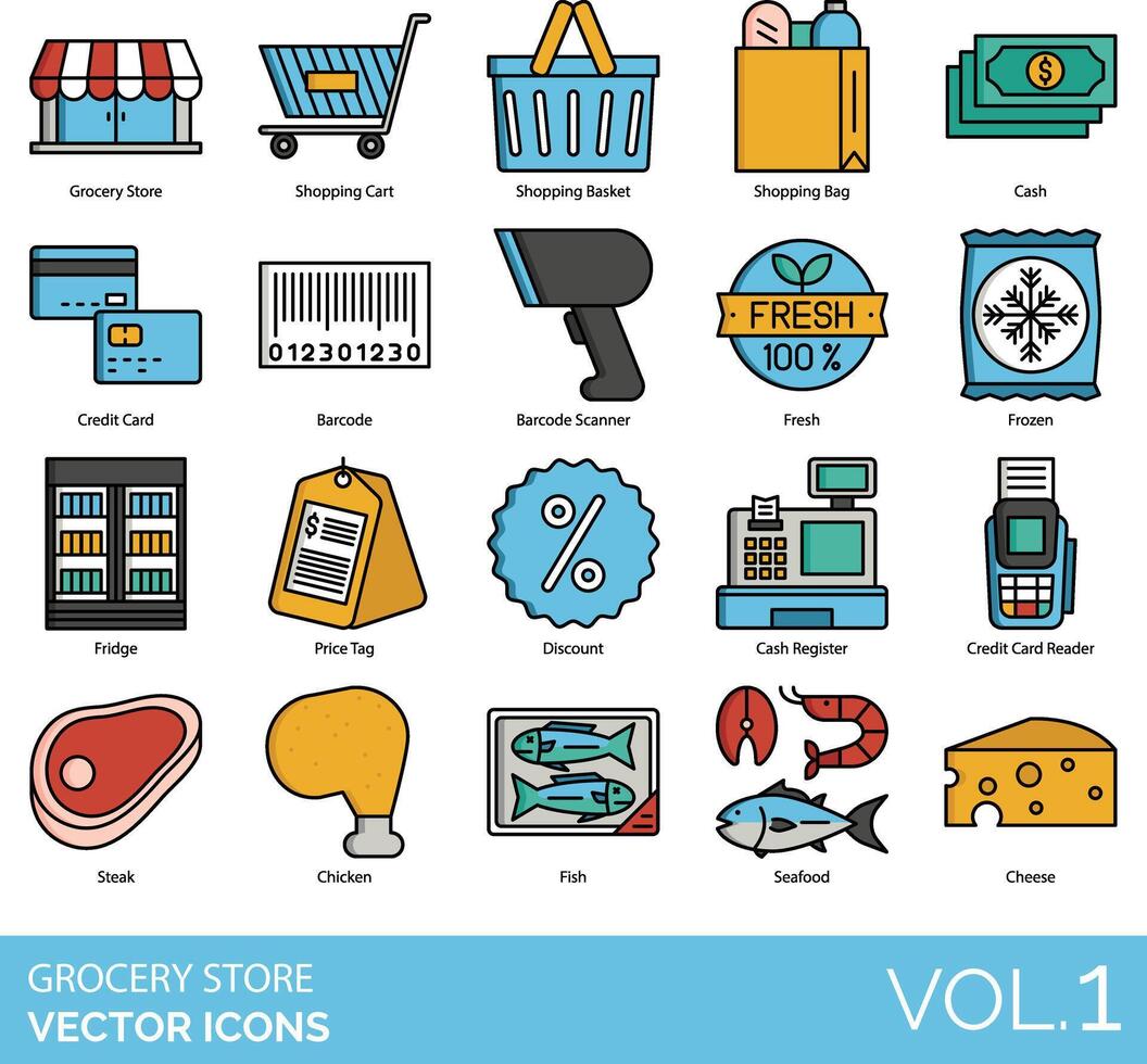 Grocery store icons, set of 10 icons, illustration vector