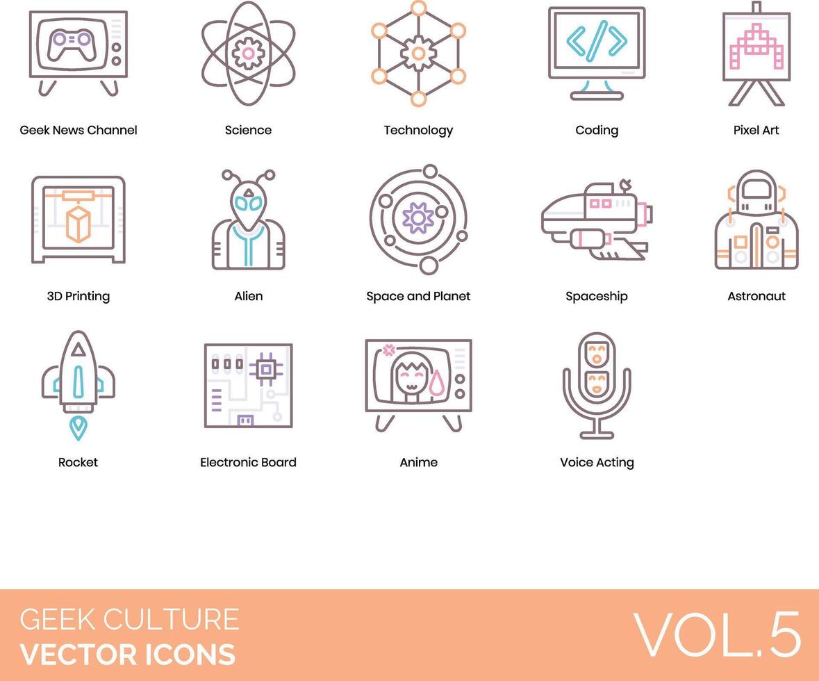 Geek culture icons, set of 5, illustration vector