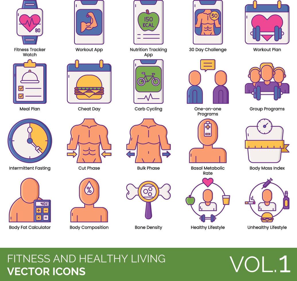 Fitness and healthy living icons set, vol 1 vector