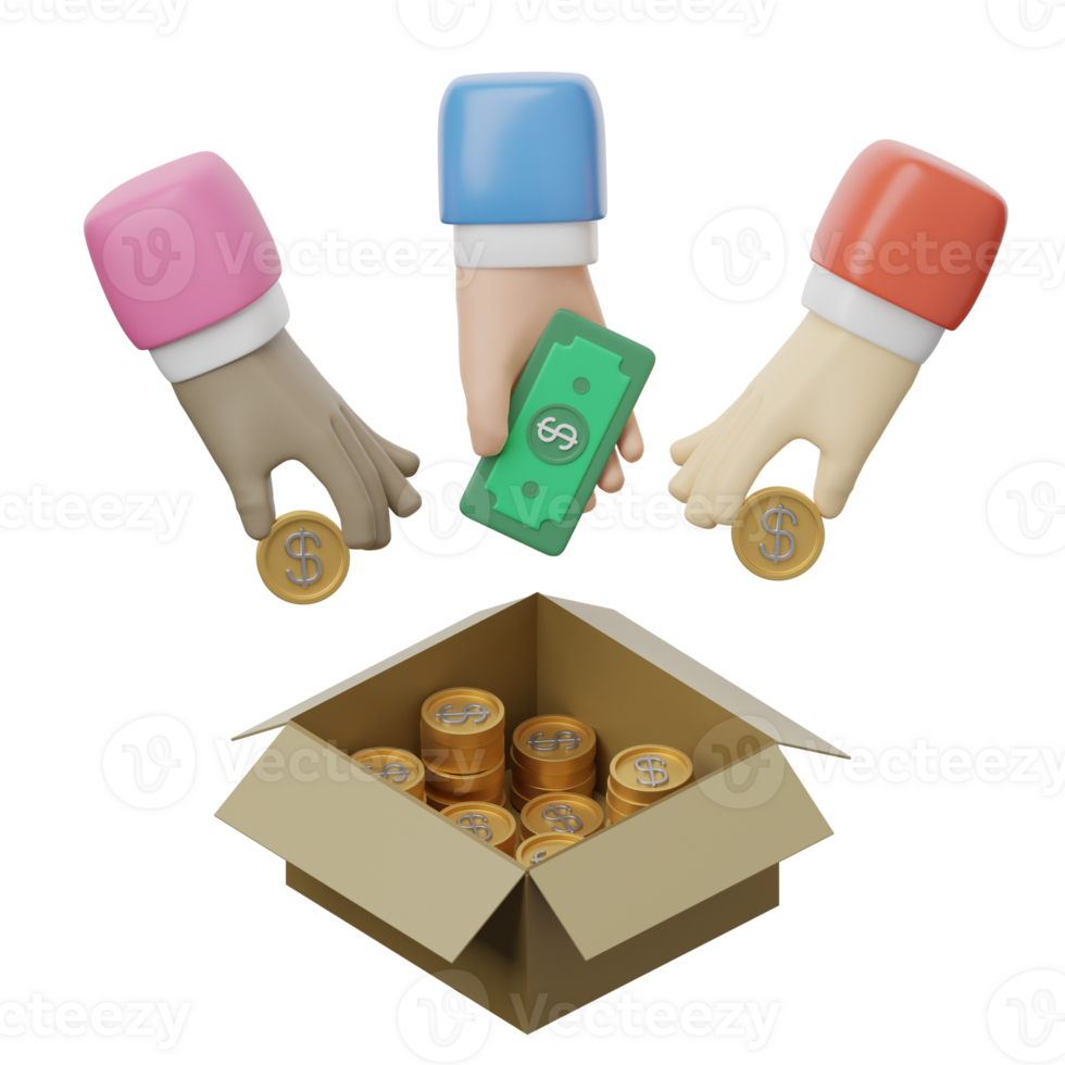 Three hands holding money and a box with coins png