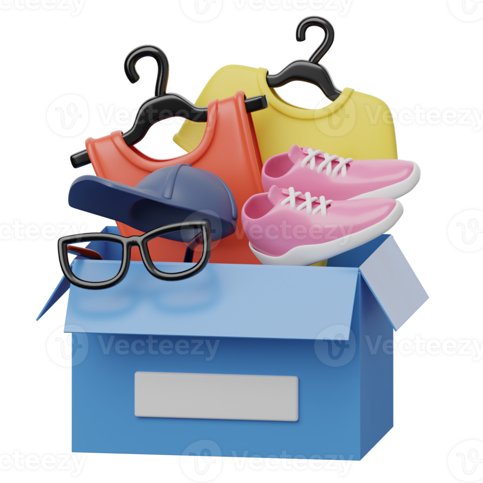 A box with clothes, shoes and glasses png