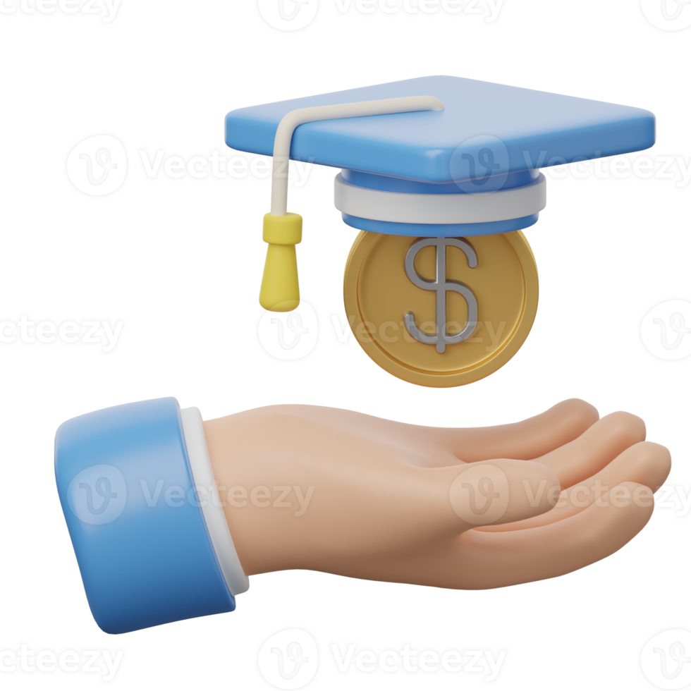 A hand holding a graduation cap and a coin png
