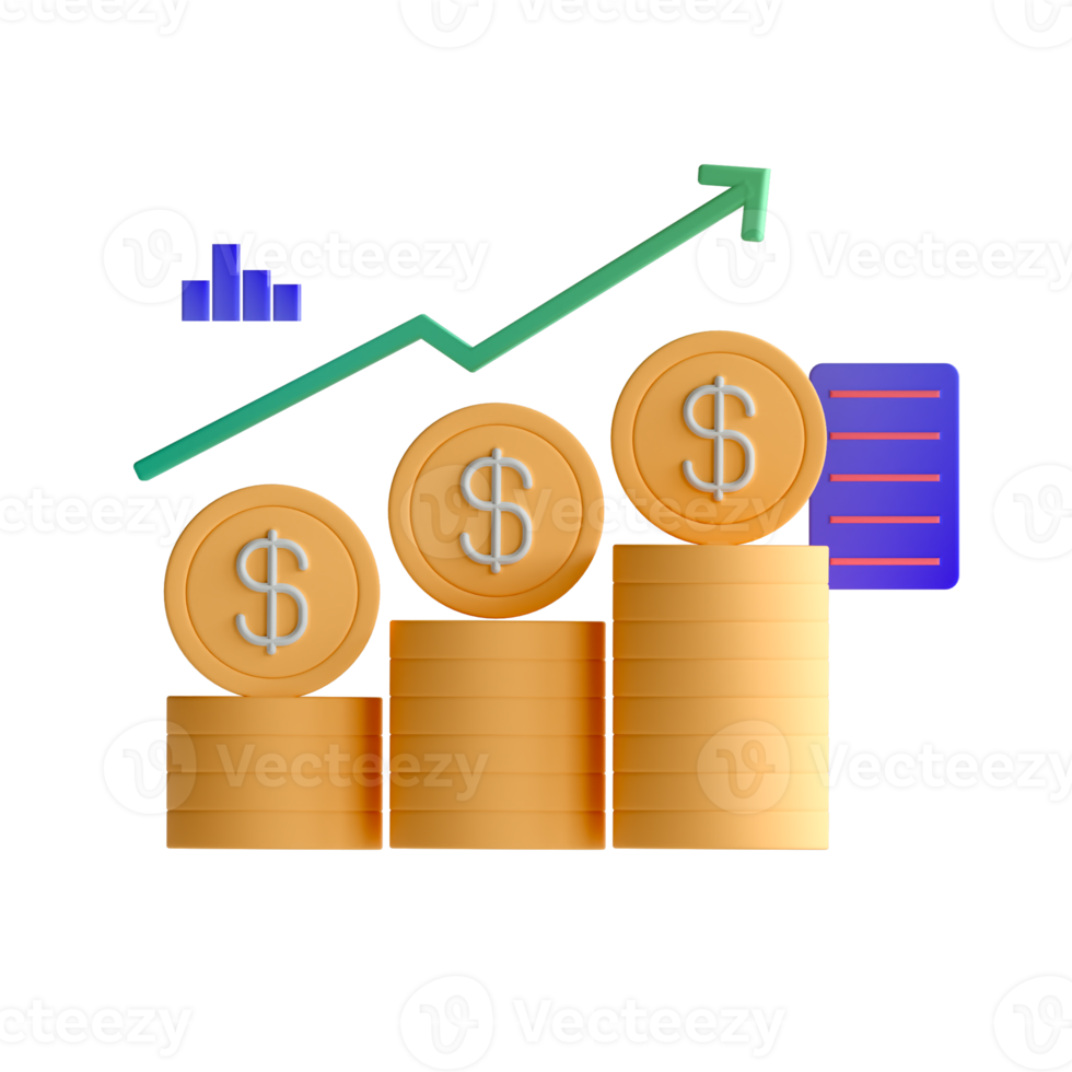 A stack of gold coins with an arrow going up png