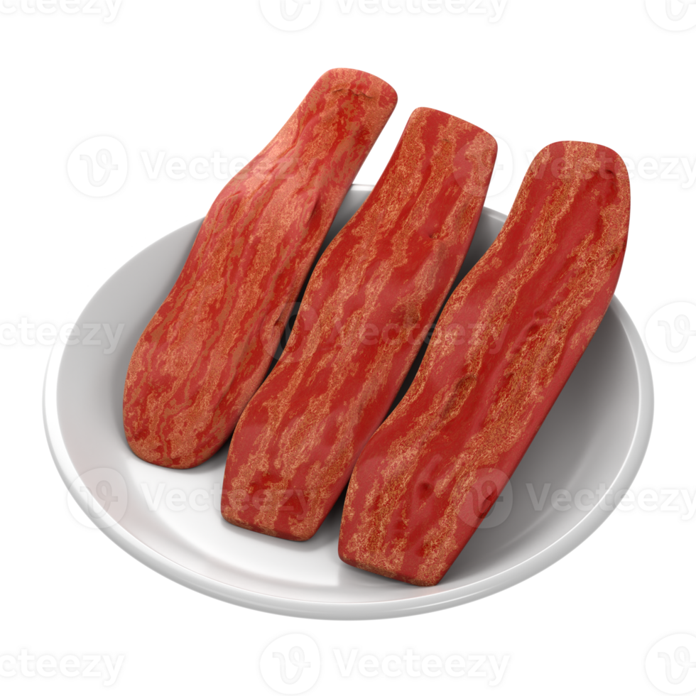 Three slices of bacon are on a plate png