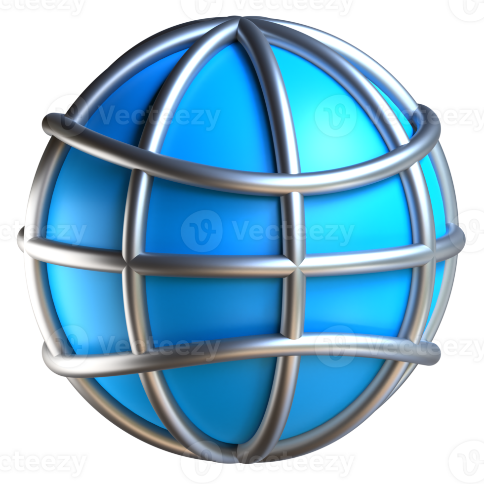 A blue and silver globe with a metal cage png