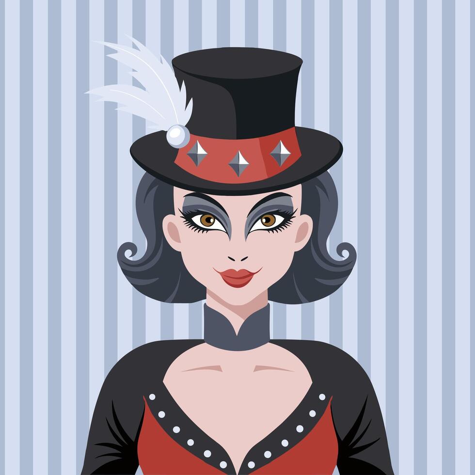 Stylish circus performer in a top hat with a feather. Clown. Portrait in circus style. Illustration. vector