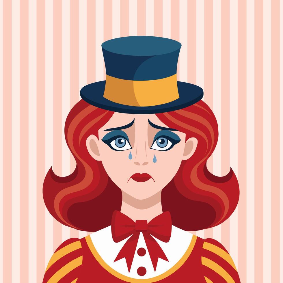 Sad clown girl with red hair and top hat. Circus style portrait. Illustration. vector