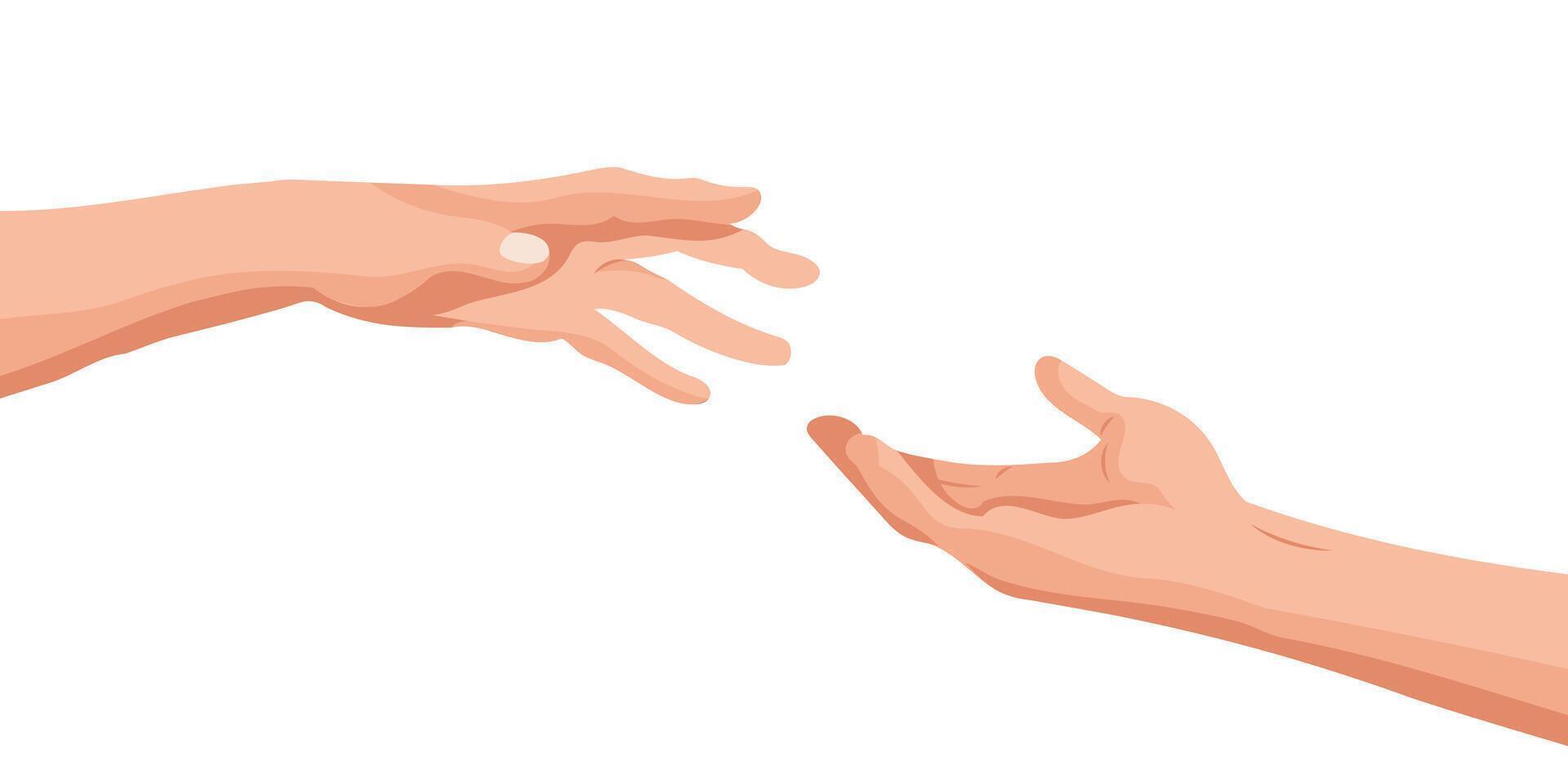 Two hands reaching for each other. Reaching hands giving and receiving help. Illustration. vector
