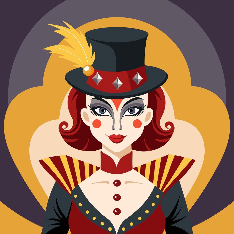 Stylish circus performer in a top hat with a feather. Clown girl. Portrait in circus style. Illustration. vector