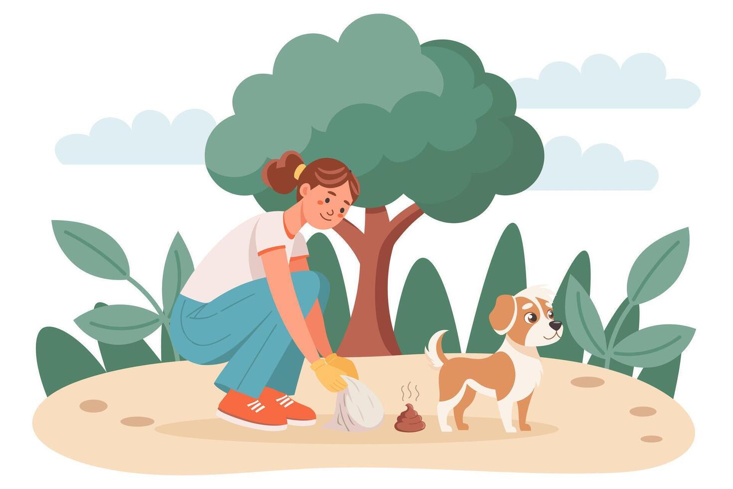 Woman cleaning dog waste in the park vector
