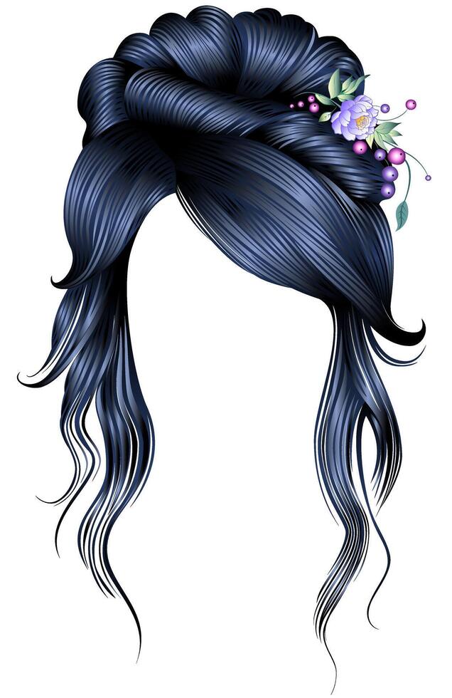 women's elegant curly hairs with flower decoration.black brunette colors. vector
