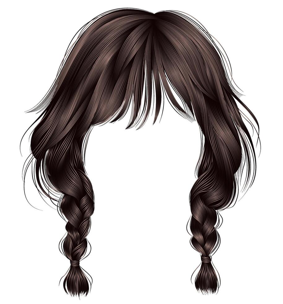 trendy women hairs brunette brown colour .two plaits . fashion beauty style vector