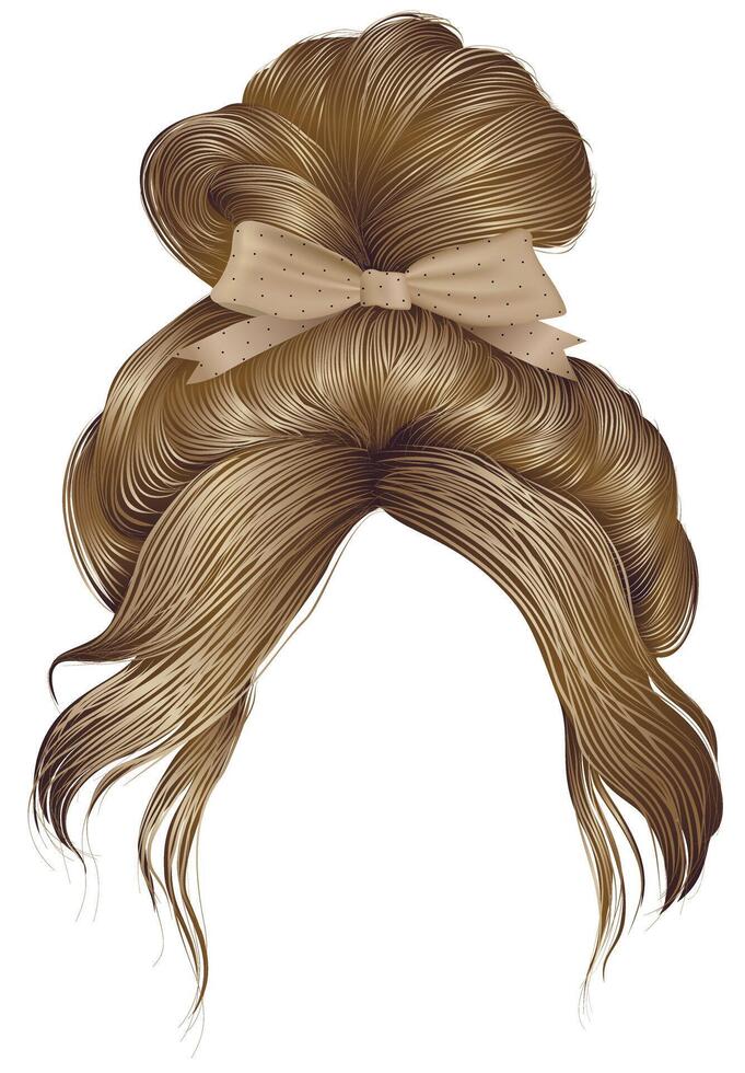 bun hairs with beige bow blond colors . women fashion beauty style . vector