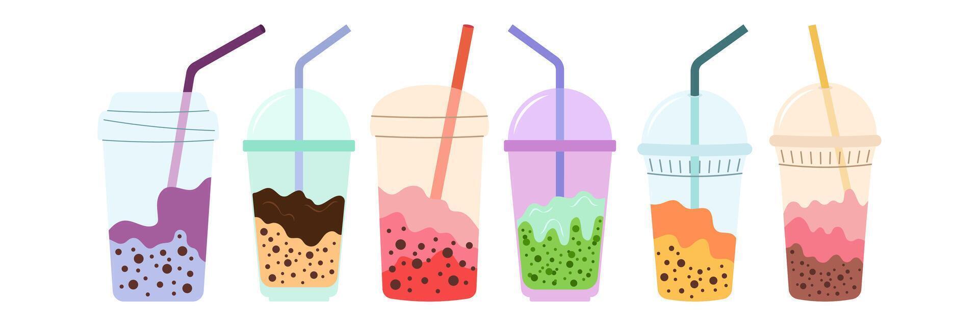 Colorful drinks in cups with straws vector