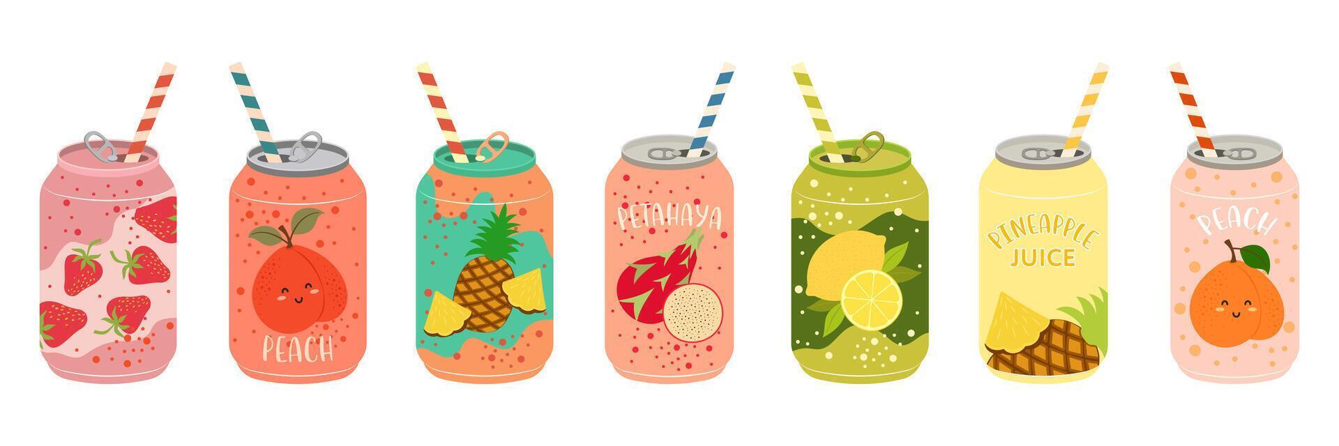 Fruit juice cans with vibrant designs vector