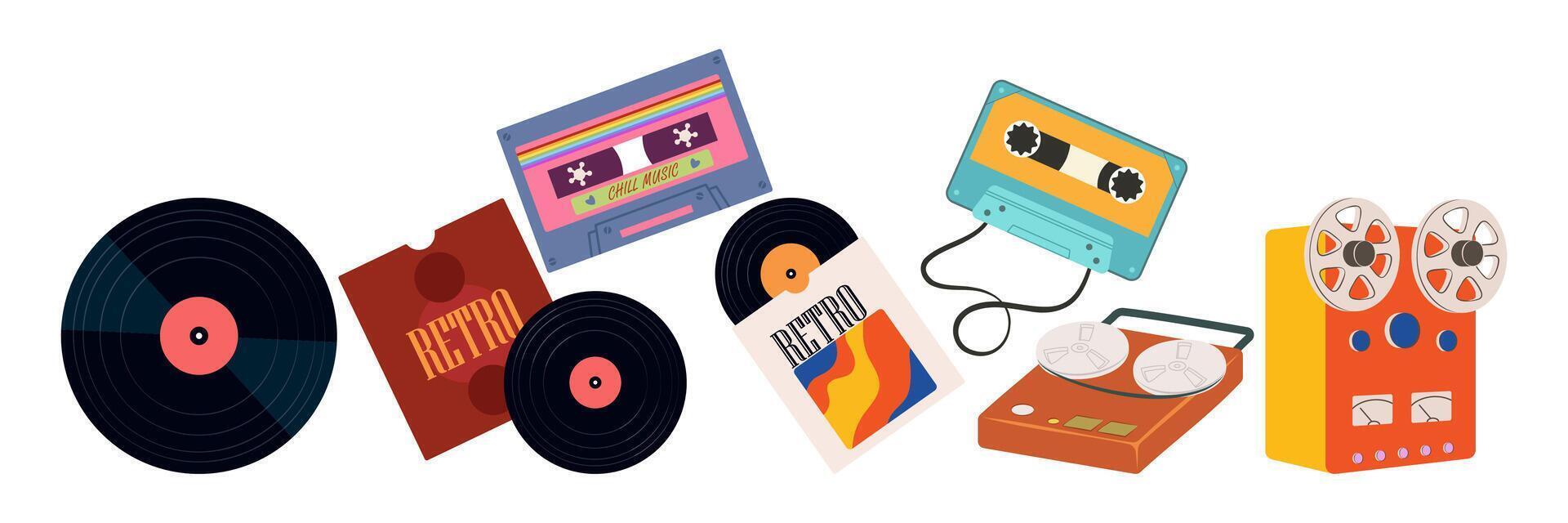 Retro music accessories and vinyl records vector