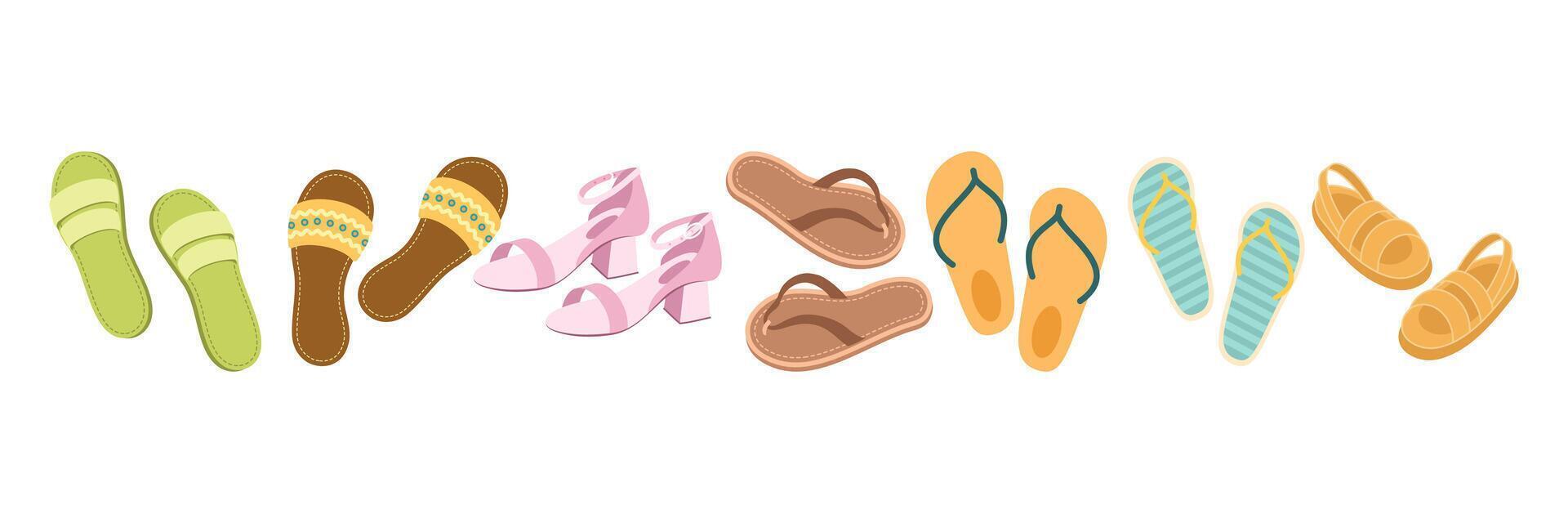 Modern summer fashion clothes, shoes, swimwear and accessories collection Set. vector