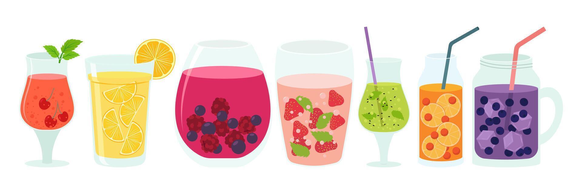 Vibrant assortment of cold drink containers in bottles, cans, and cartons. Bright, refreshing design showcasing a variety of colorful beverages. vector